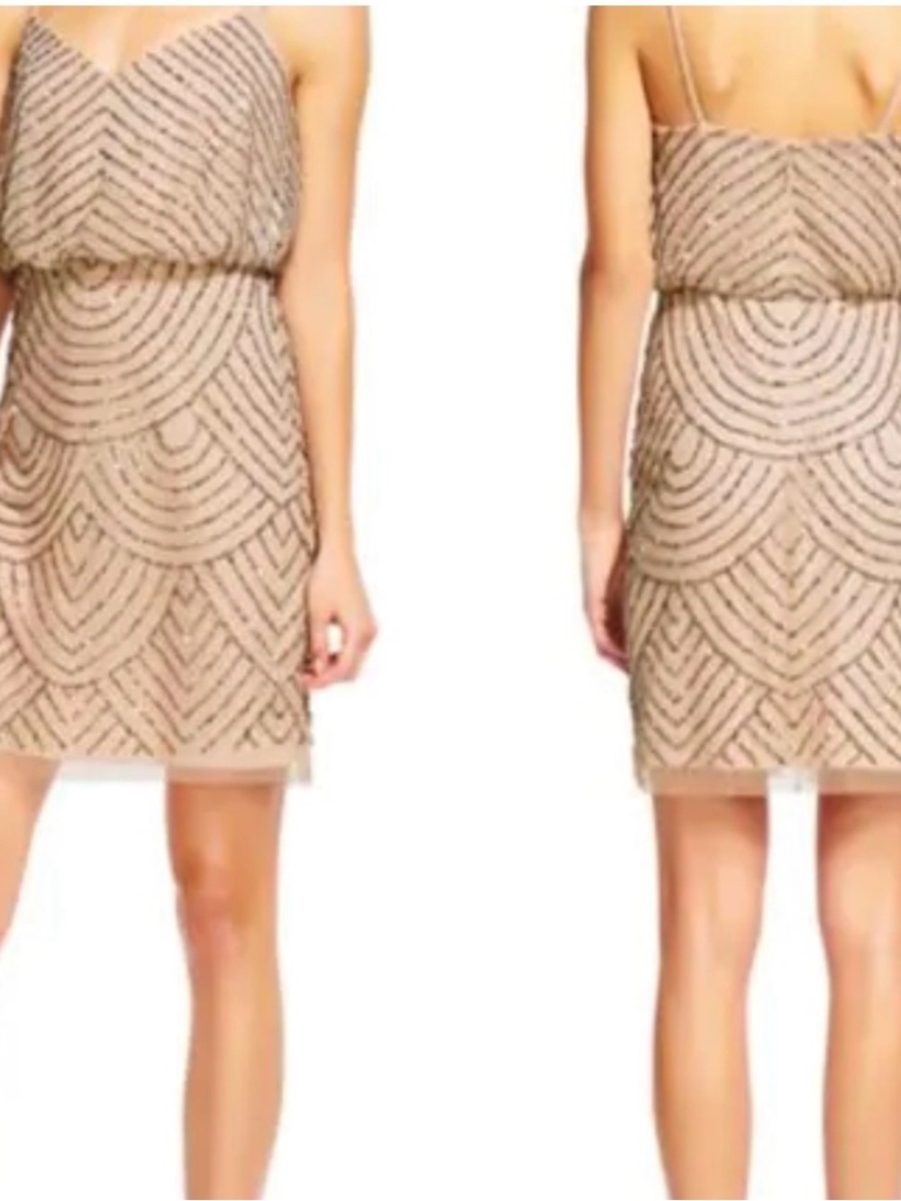 Adrianna Papell Nude Beaded Mini Dress with Scallop Motif
